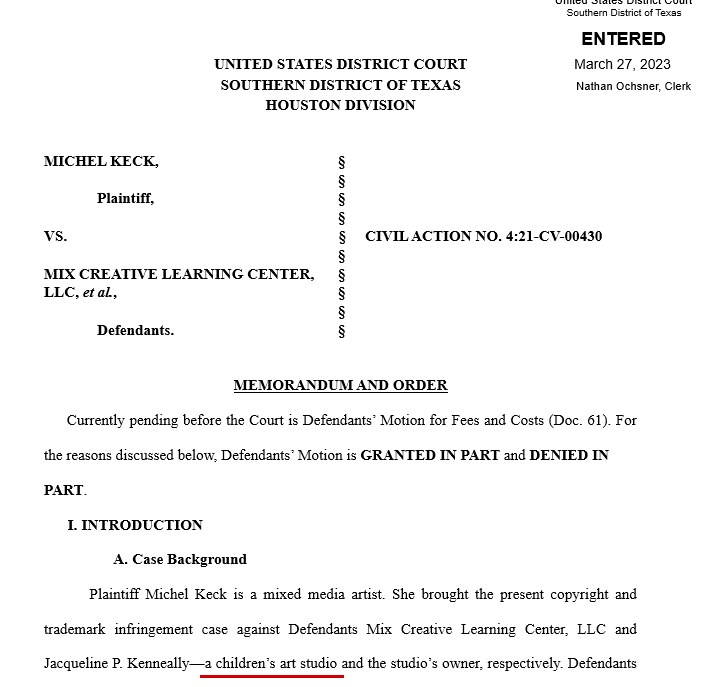 Screenshot of a legal document from the United States District Court Southern District of Texas Houston Division, showing a memorandum and order involving plaintiff Michel Keck, a mixed media artist, and defendants including a children's art studio.