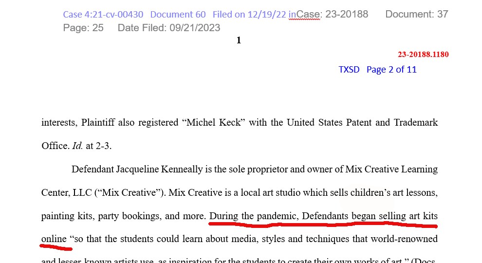 Screenshot of a legal document mentioning Michel Keck and describing a defendant selling art kits online during the pandemic for students to learn about media, styles, and techniques.