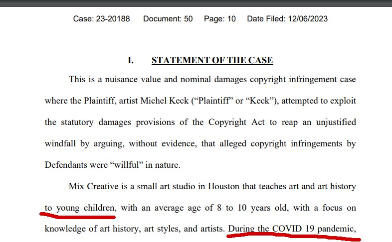 Screenshot of a legal document page titled Statement of the Case, discussing a copyright infringement case involving artist Michel Keck and mentioning an art studio teaching young children during the COVID-19 pandemic.