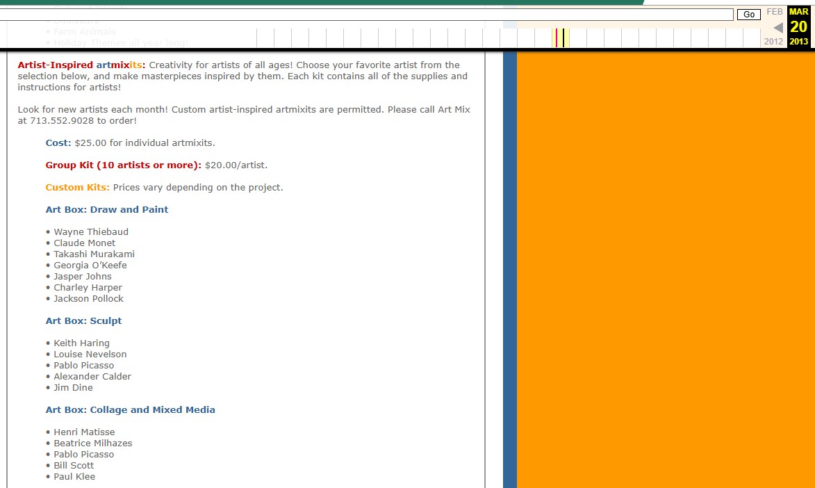 Screenshot of a webpage listing artist-inspired artmix kits for drawing, painting, sculpting, and mixed media, with prices and artist names, displayed on a white background with orange and blue sidebars, on Michel Keck's site.