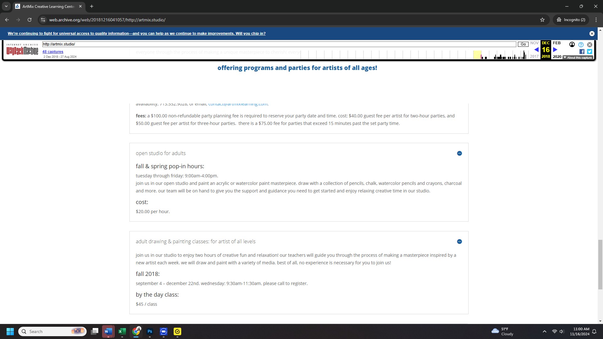 Screenshot of an archived webpage from ArtMix Creative Learning Center showing text about adult open studio hours and drawing and painting classes with details on schedule and costs, displayed in a simple white layout with black text.