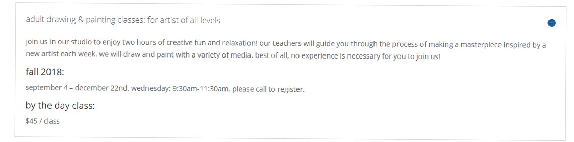 Screenshot of an online listing describing adult drawing and painting classes for all levels, held in fall 2018 on Wednesdays from 9:30 to 11:30 am, costing $45 per class, with a focus on creative fun and relaxation.