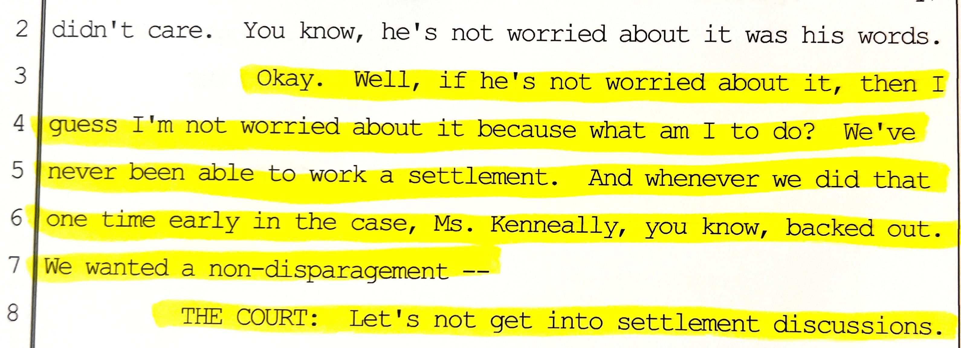 Screenshot of a typed legal transcript with several lines highlighted in yellow, discussing settlement negotiations and non-disparagement, featuring a dialogue between a speaker and the court.