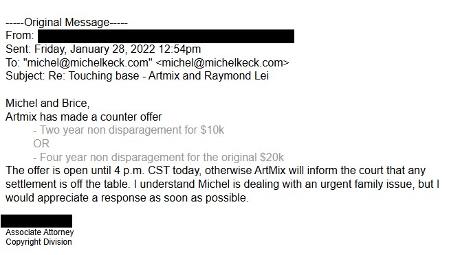 Screenshot of an email message discussing a counter offer from Artmix involving non disparagement terms and settlement deadlines, addressed to Michel and Brice, with sender identified as an associate attorney from the copyright division.