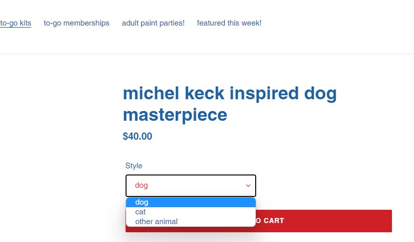 Screenshot of an online listing showing a product titled with Michel Keck inspired dog masterpiece priced at $40, featuring a dropdown menu with style options dog, cat, and other animal, and a red add to cart button.