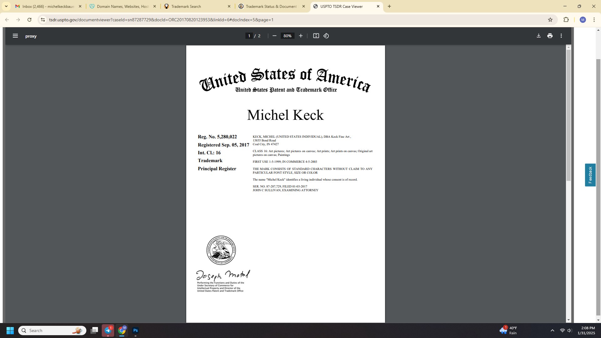 Screenshot of a United States Patent and Trademark Office document showing trademark registration details for Michel Keck, including registration number, date, and description of art-related goods.