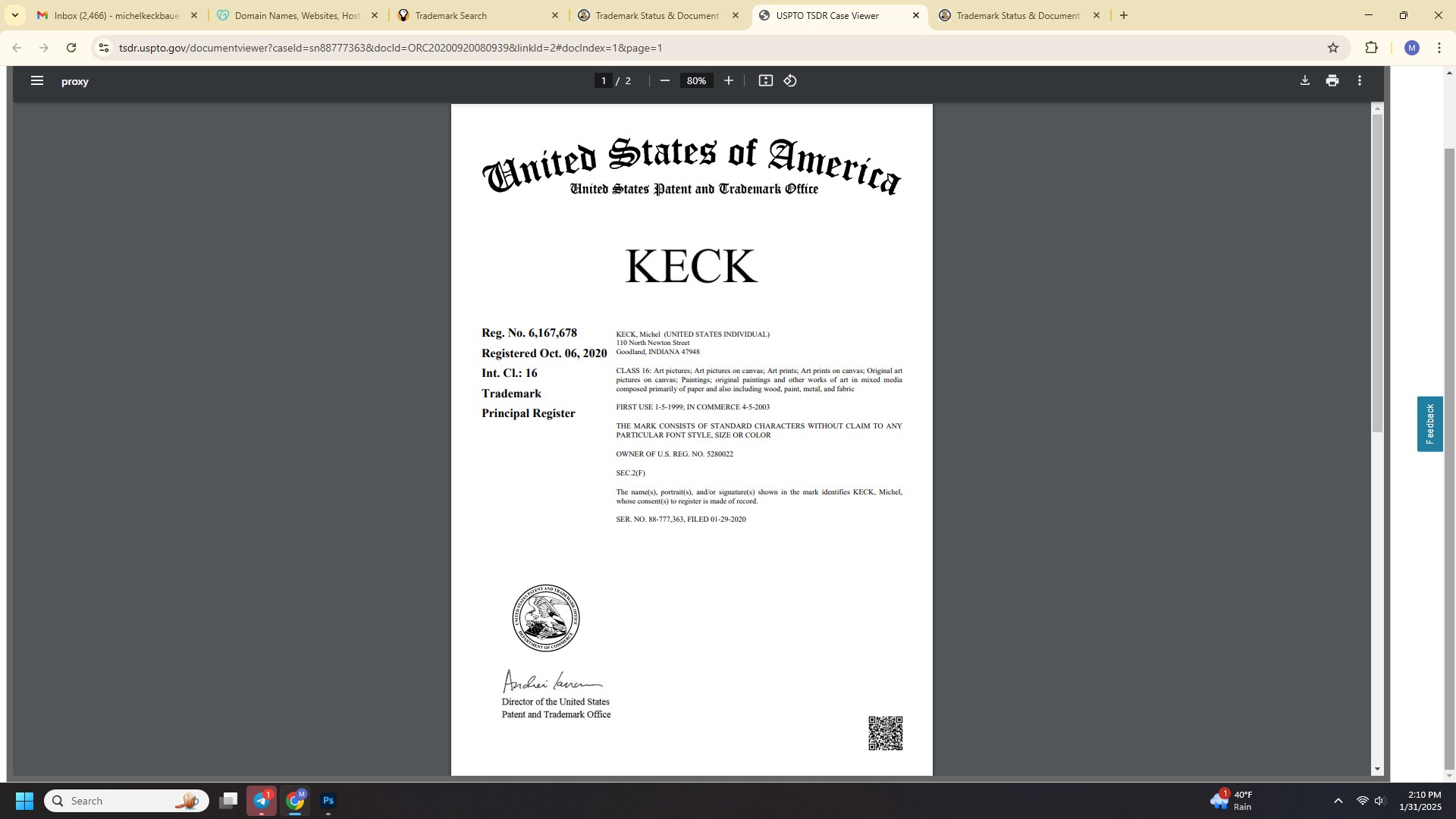 Screenshot of a United States Patent and Trademark Office document showing trademark registration details for the name KECK, including registration number, date, and official signatures.