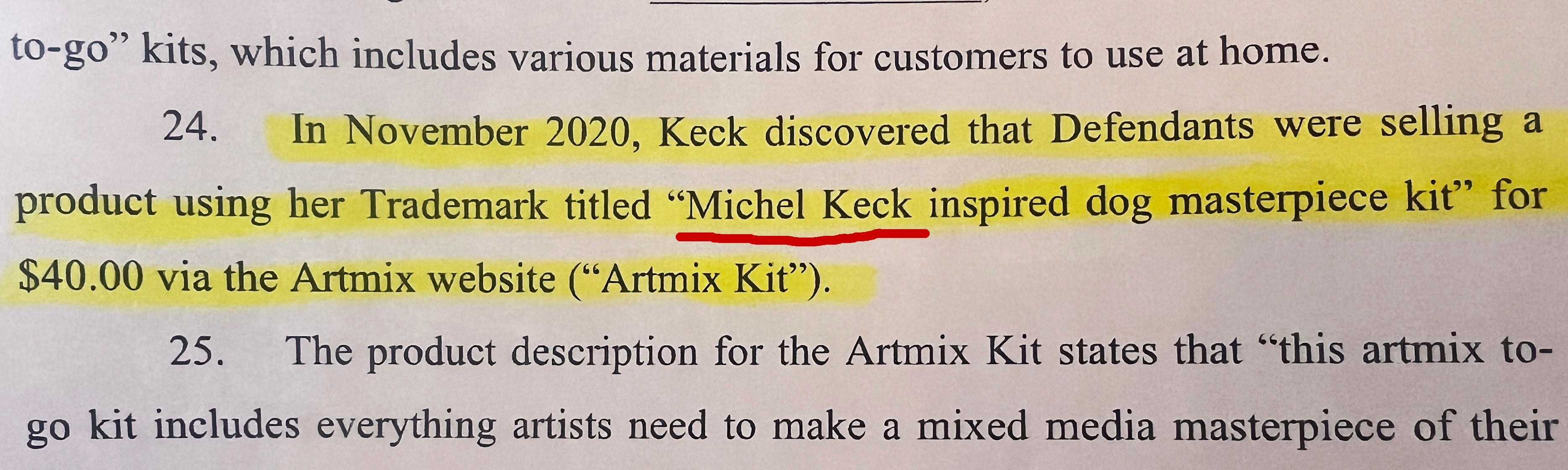 Photograph of a printed legal document with highlighted text mentioning a product using Michel Keck's trademark for a dog masterpiece kit sold for $40.00 on the Artmix website.