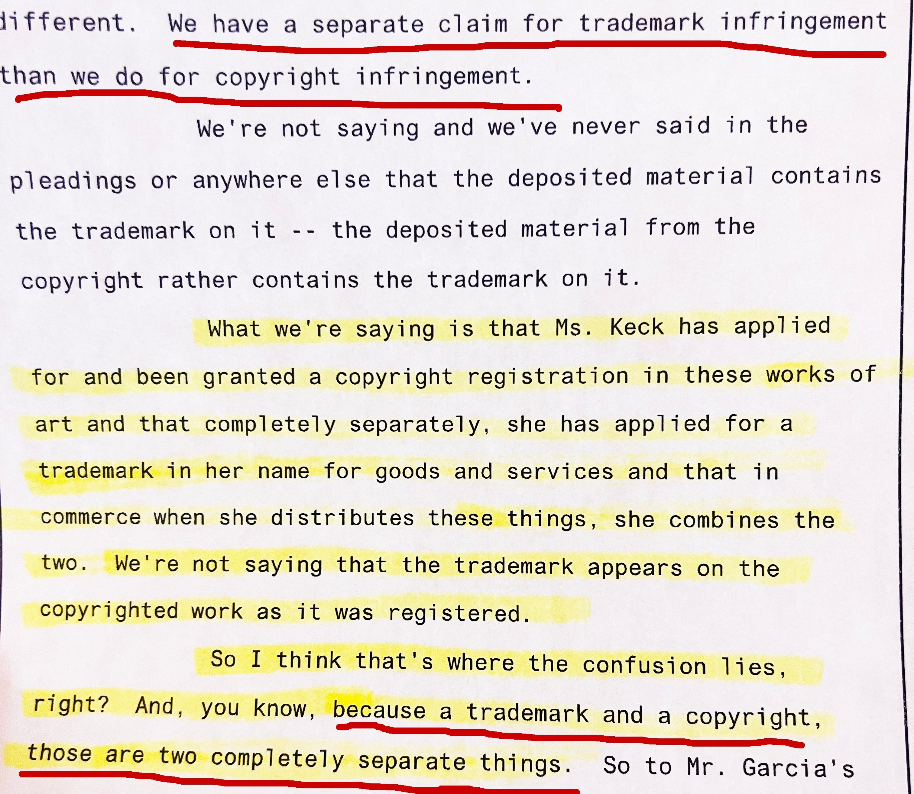 Close-up of a typed legal document with highlighted and underlined text discussing trademark infringement and copyright registration related to Ms. Keck, emphasizing the distinction between trademarks and copyrights.