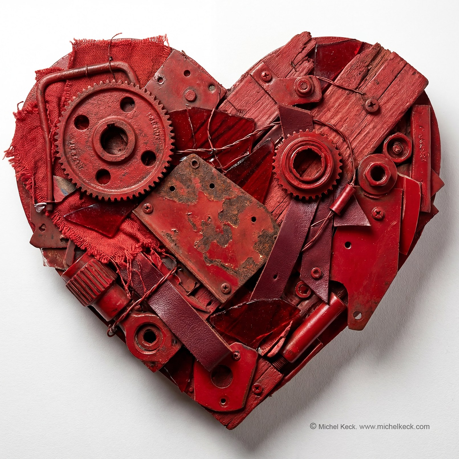 Heart-shaped mixed-media collage by Michel Keck composed of various red-painted metal gears, plates, wires, wood pieces, and fabric fragments arranged tightly on a white background.
