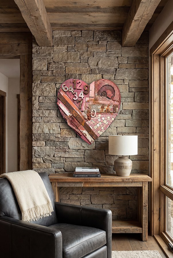 Michel Keck assemblage artwork shaped like a heart with pink, red, and white tones, featuring numbers, tiles, and textured materials, mounted on a rustic stone wall above a wooden console table with books and a lamp.
