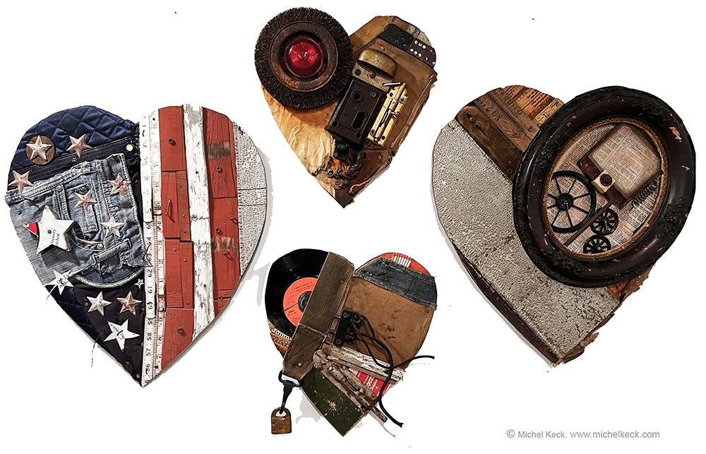 Four heart-shaped mixed-media assemblages by Michel Keck featuring textured materials like denim, wood, metal, vinyl records, and mechanical parts arranged with layered, rustic, and industrial elements on a white background.