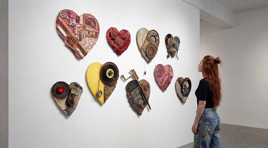 A woman with long red hair and paint-splattered jeans views nine heart-shaped assemblages by Michel Keck mounted on a white gallery wall, each made from recycled mechanical parts and painted in red, yellow, beige, and rust tones.
