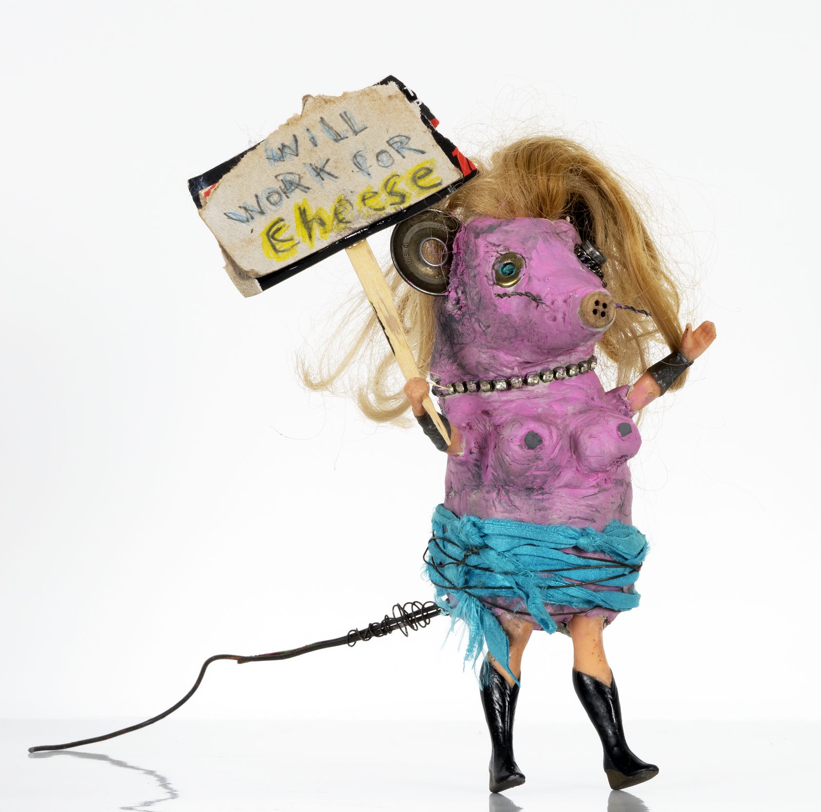 Will Work for Cheese, a pink rat sculpture with a sign and boots