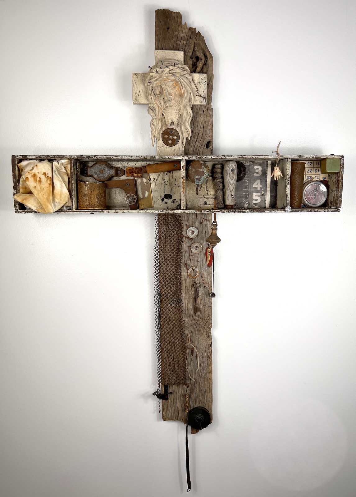 Sold cross assemblage 042210 made from weathered wood and found objects