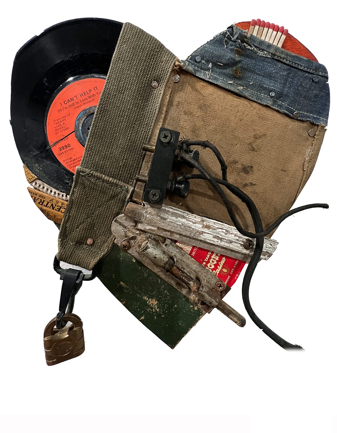 Heart VI assemblage incorporating a record, found metal, wood and a padlock