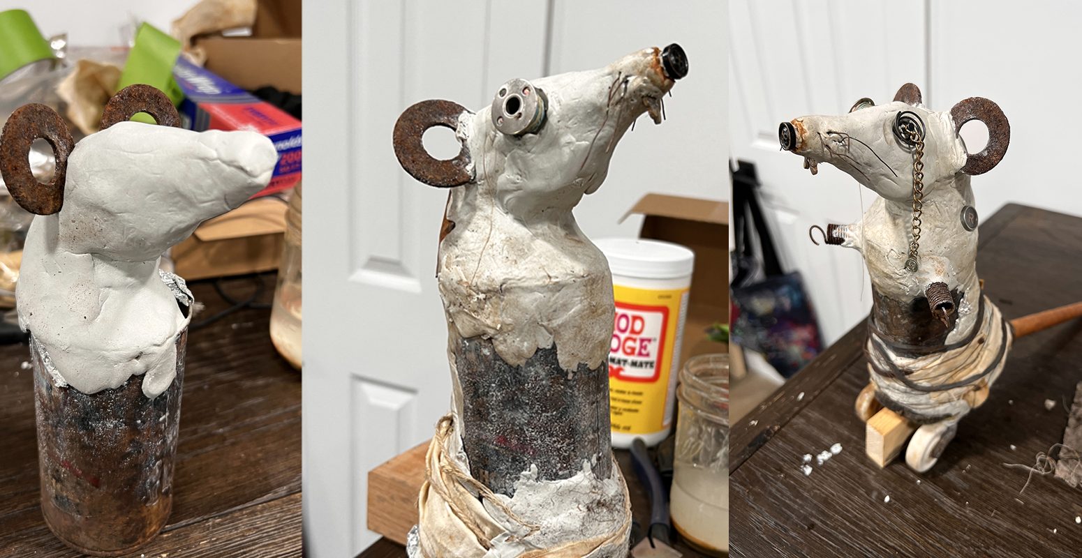 Three stages of rat sculptures combining found objects and two-part epoxy clay