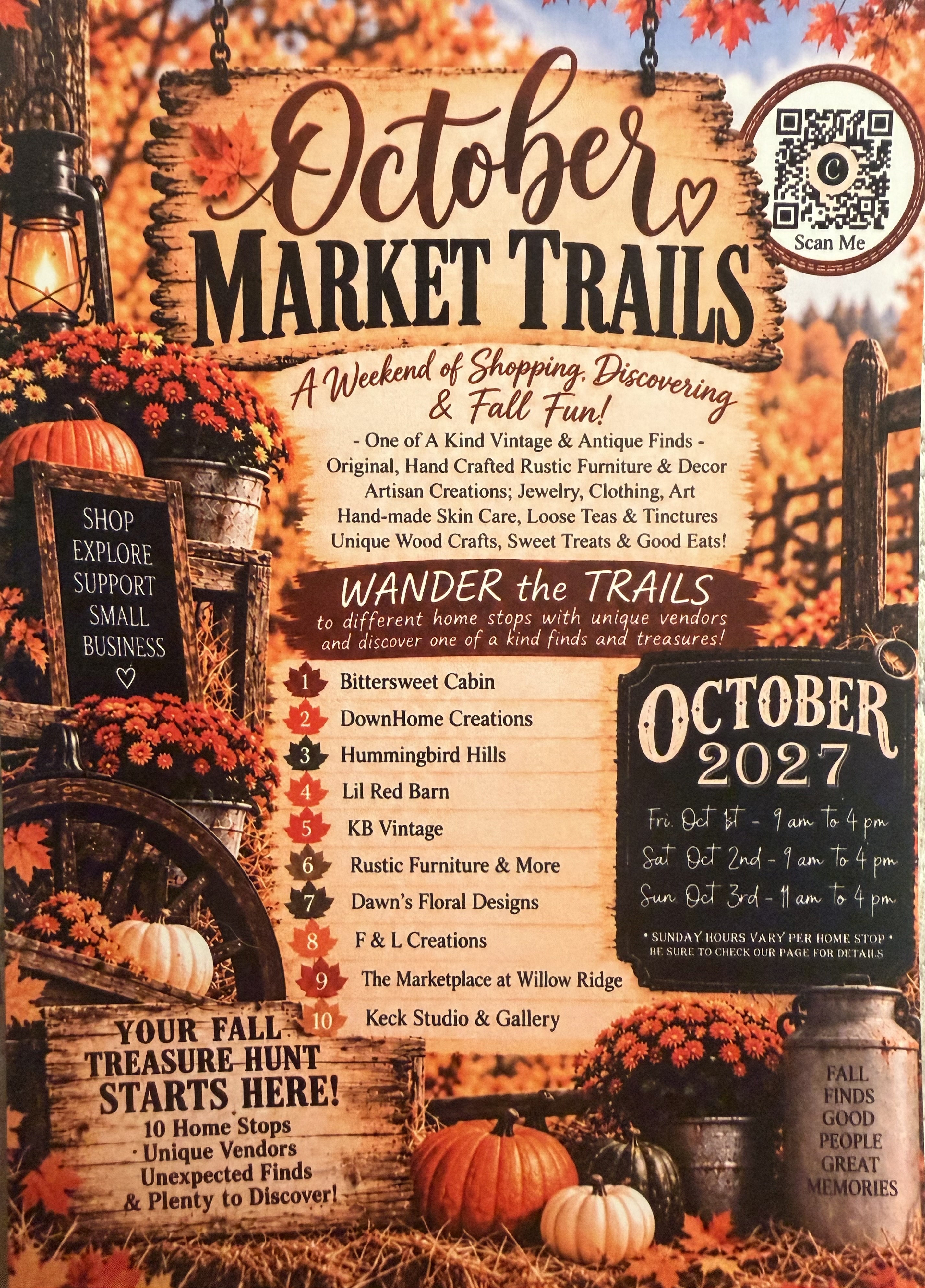 October Market Trails 2027 flyer with autumn leaves, pumpkins, shopping details, dates, and the original ten home stops; Tulip Fields is added as stop 11 on this page