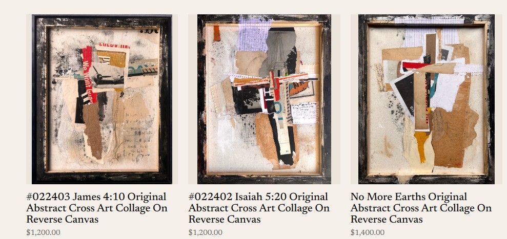 Three original Michel Keck abstract cross collages on reverse canvas: James 4:10, Isaiah 5:20, and No More Earths