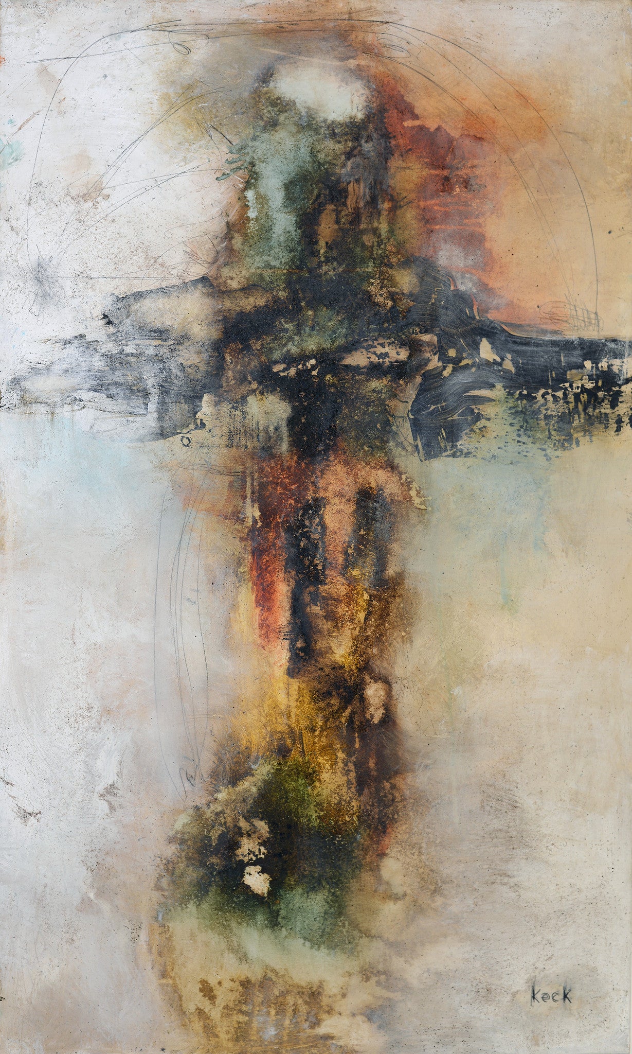 Raw and organic abstract cross painting by Michel Keck