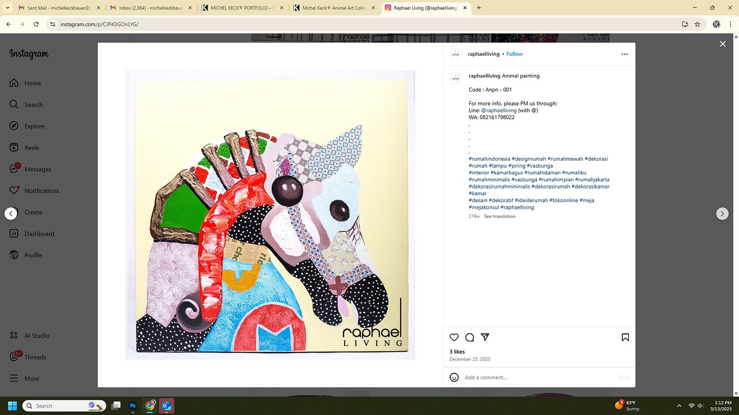 Screenshot of an online listing showing a colorful mixed-media collage of a horse's head with various patterned and textured paper pieces in red, blue, green, black, and beige on a light background, attributed to Michel Keck.