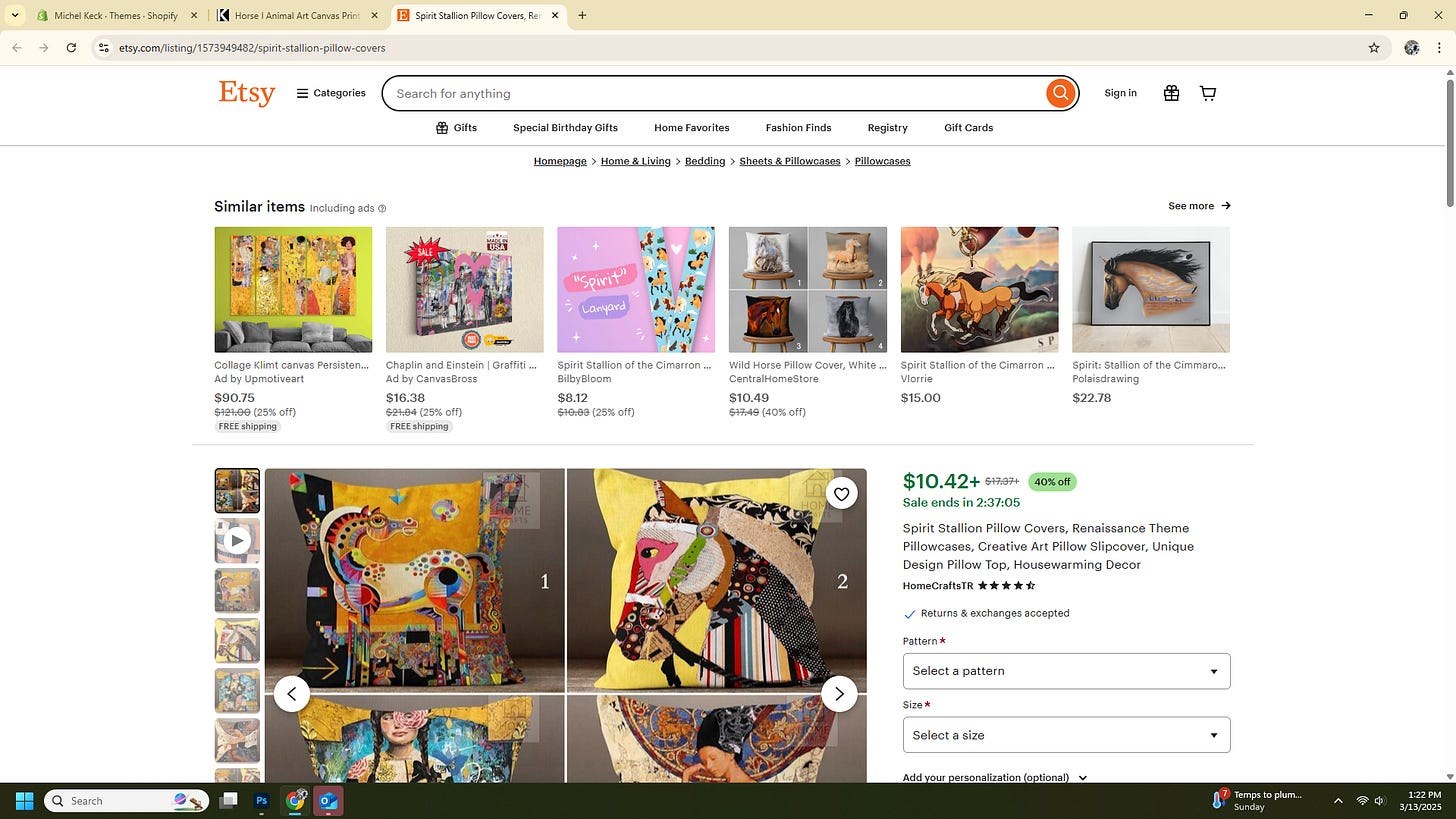 Screenshot of an Etsy online listing showing colorful pillow covers with abstract horse designs by Michel Keck, featuring vibrant patterns and mixed textures on a yellow background.
