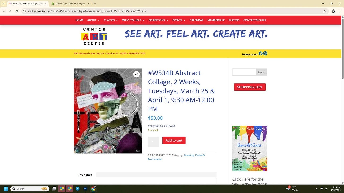 Screenshot of an online listing showing an abstract collage artwork by Michel Keck featuring a fragmented human face with layered textures in red, black, pink, blue, and green tones on a gray background.