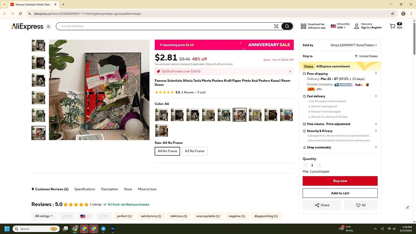 Screenshot of an online listing showing a mixed-media collage-style poster featuring a portrait of Nikola Tesla with layered textures, text fragments, and abstract shapes in muted reds, greens, and grays, displayed leaning against a wall next to potted plants.