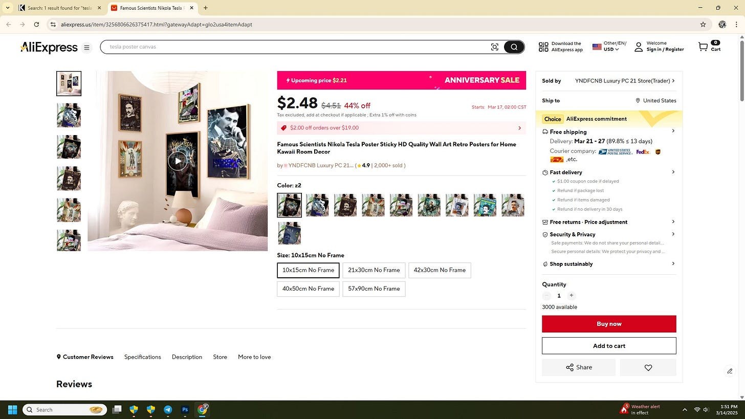 Screenshot of an AliExpress product listing page showing various Nikola Tesla posters displayed on a bedroom wall above a bed with light pink bedding and a white bust sculpture on a nightstand, with pricing and purchase options visible.