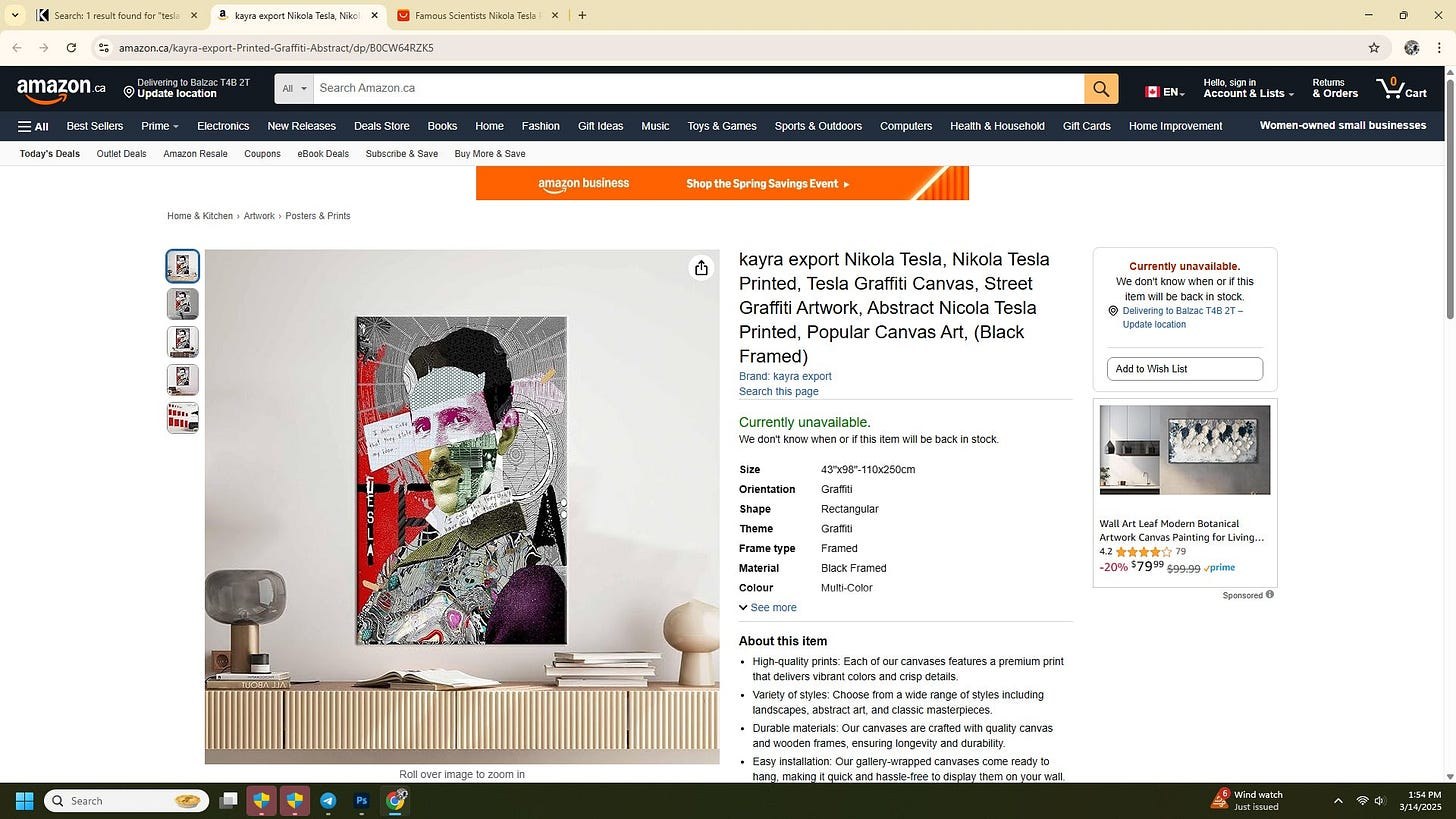 Screenshot of an online listing on Amazon.ca showing a framed graffiti-style canvas artwork featuring a stylized portrait of a man with abstract, colorful patterns and text elements, displayed above a modern wooden sideboard with decorative objects.