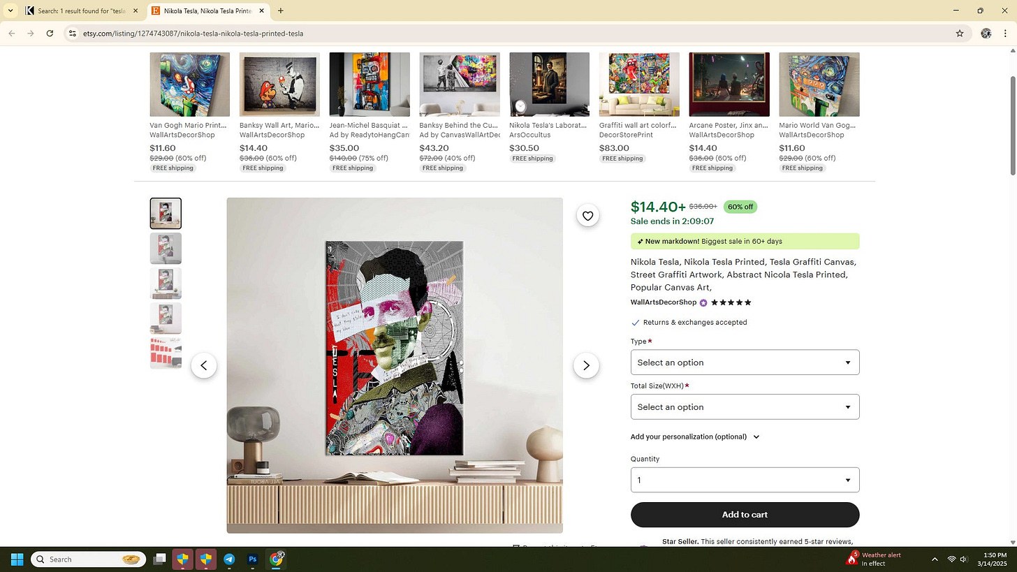 Screenshot of an online listing showing a mixed-media collage artwork of a man with fragmented facial features in purple, red, black, and white tones, displayed above a modern sideboard with books and a lamp, attributed to Michel Keck.