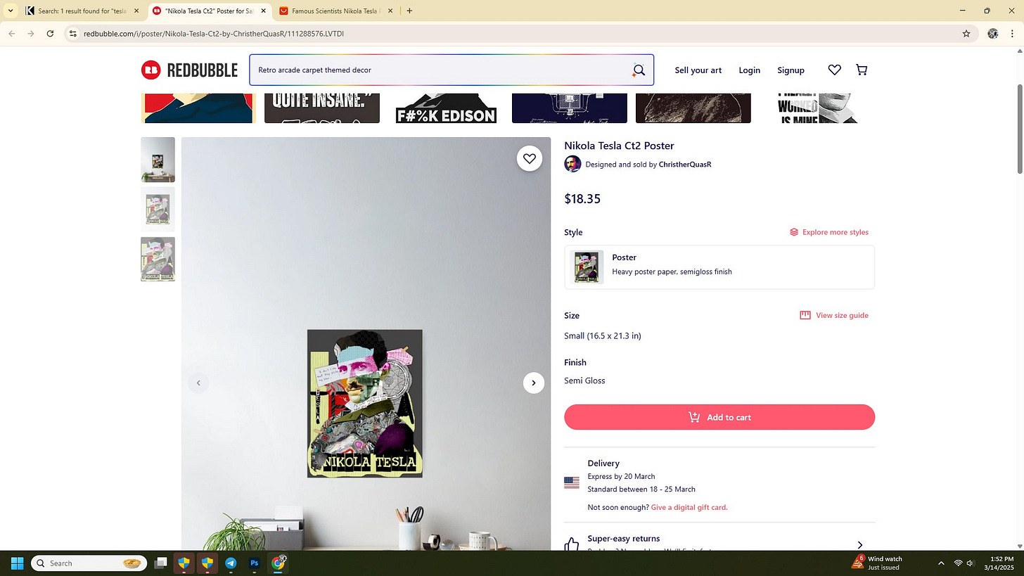 Screenshot of an online listing showing a colorful mixed-media collage poster of Nikola Tesla on a light gray wall above a desk with plants and office supplies, displayed on the Redbubble website.