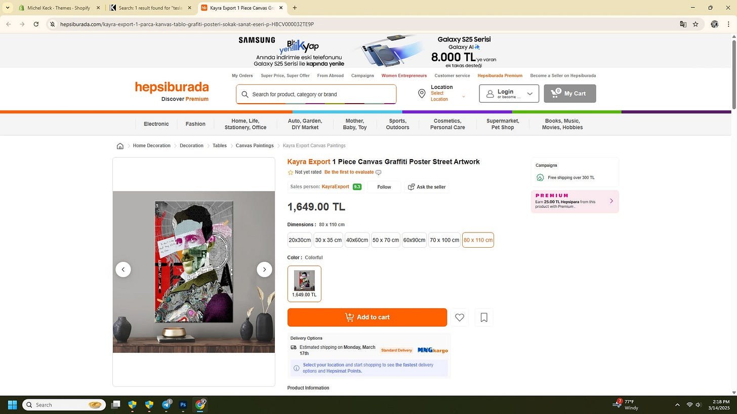 Screenshot of an online listing on Hepsiburada showing a colorful mixed-media canvas artwork by Michel Keck featuring a stylized portrait with layered textures, text elements, and abstract shapes against a gray background.
