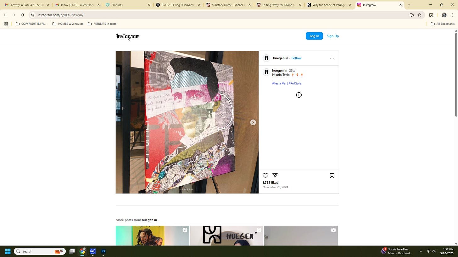 Screenshot of an Instagram post showing a mixed-media collage artwork on canvas featuring a stylized portrait of a man with layered patterns, text fragments, and geometric shapes in red, purple, and neutral tones, attributed to Michel Keck.