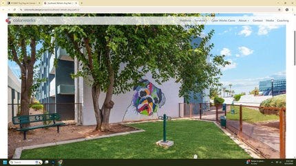 Screenshot of an outdoor mural on a white wall featuring a colorful abstract dog face with vibrant shapes and brushstrokes, set in a small grassy area with trees, benches, and a clear blue sky, shown on Michel Keck's art website.