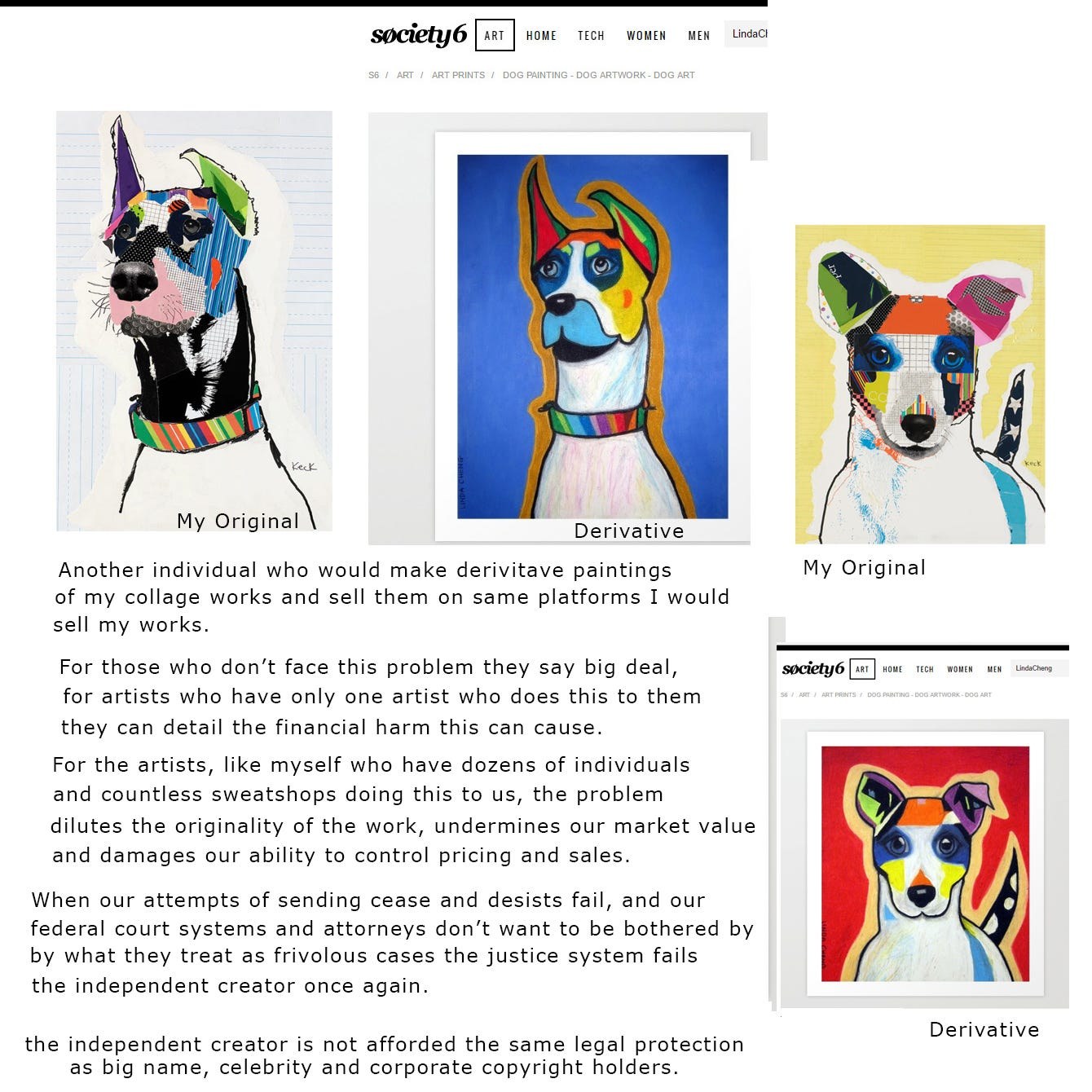 Screenshot of an online listing showing colorful dog portraits by Michel Keck, featuring two original collage-style artworks with patchwork patterns and two derivative paintings with bold outlines and vibrant backgrounds.