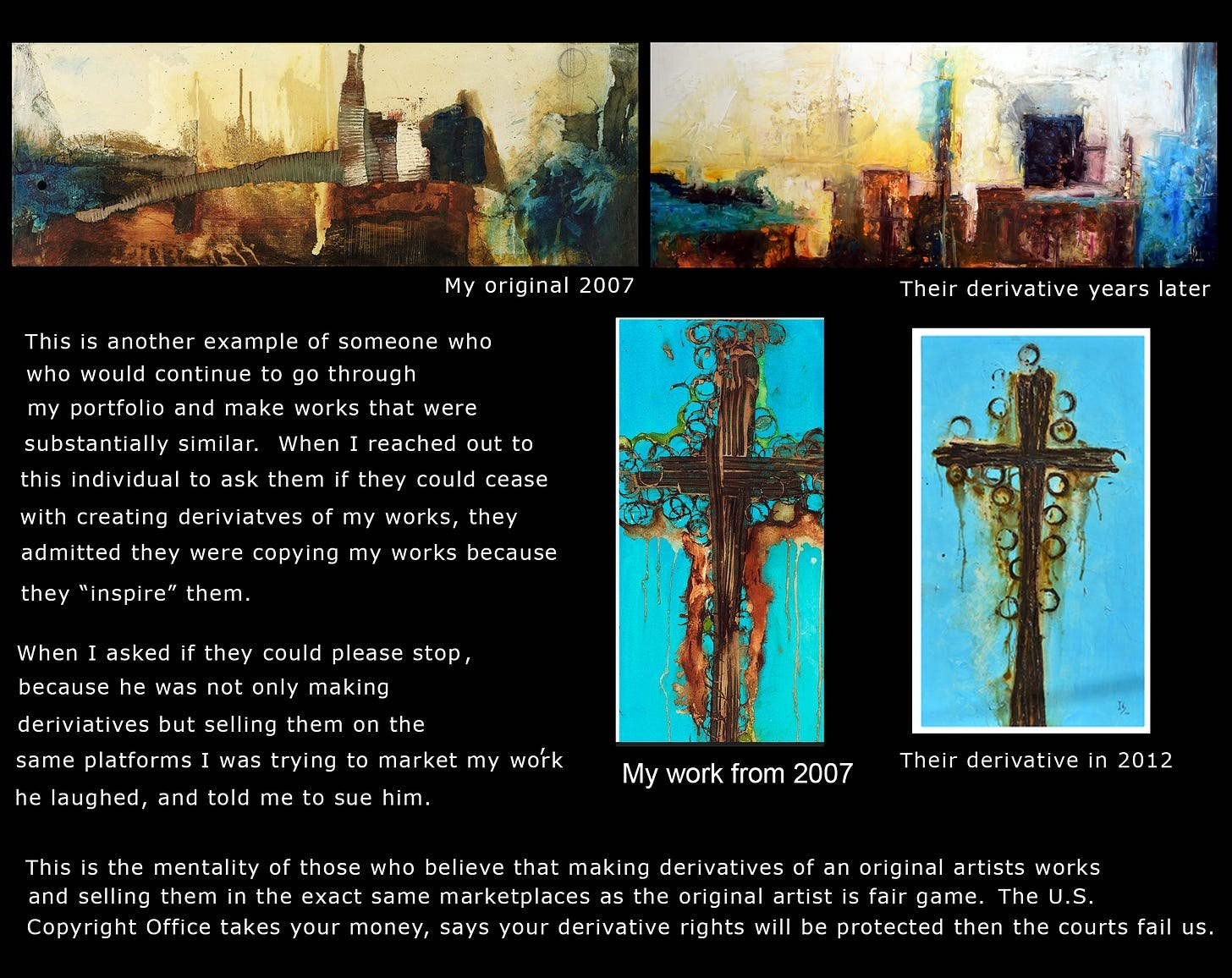 Screenshot showing side-by-side comparisons of abstract artworks by Michel Keck from 2007 and derivative versions from later years, featuring textured cityscape and cross motifs with rich earthy and turquoise tones, accompanied by text explaining issues with copying and derivative works.