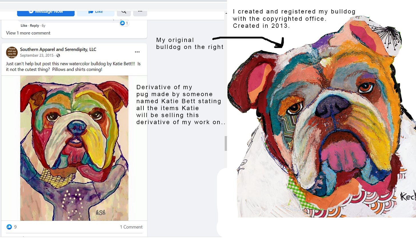 Screenshot showing two colorful bulldog artworks side by side with handwritten notes pointing out the original bulldog by Michel Keck on the right, featuring layered textures and vibrant hues of orange, blue, pink, and green.
