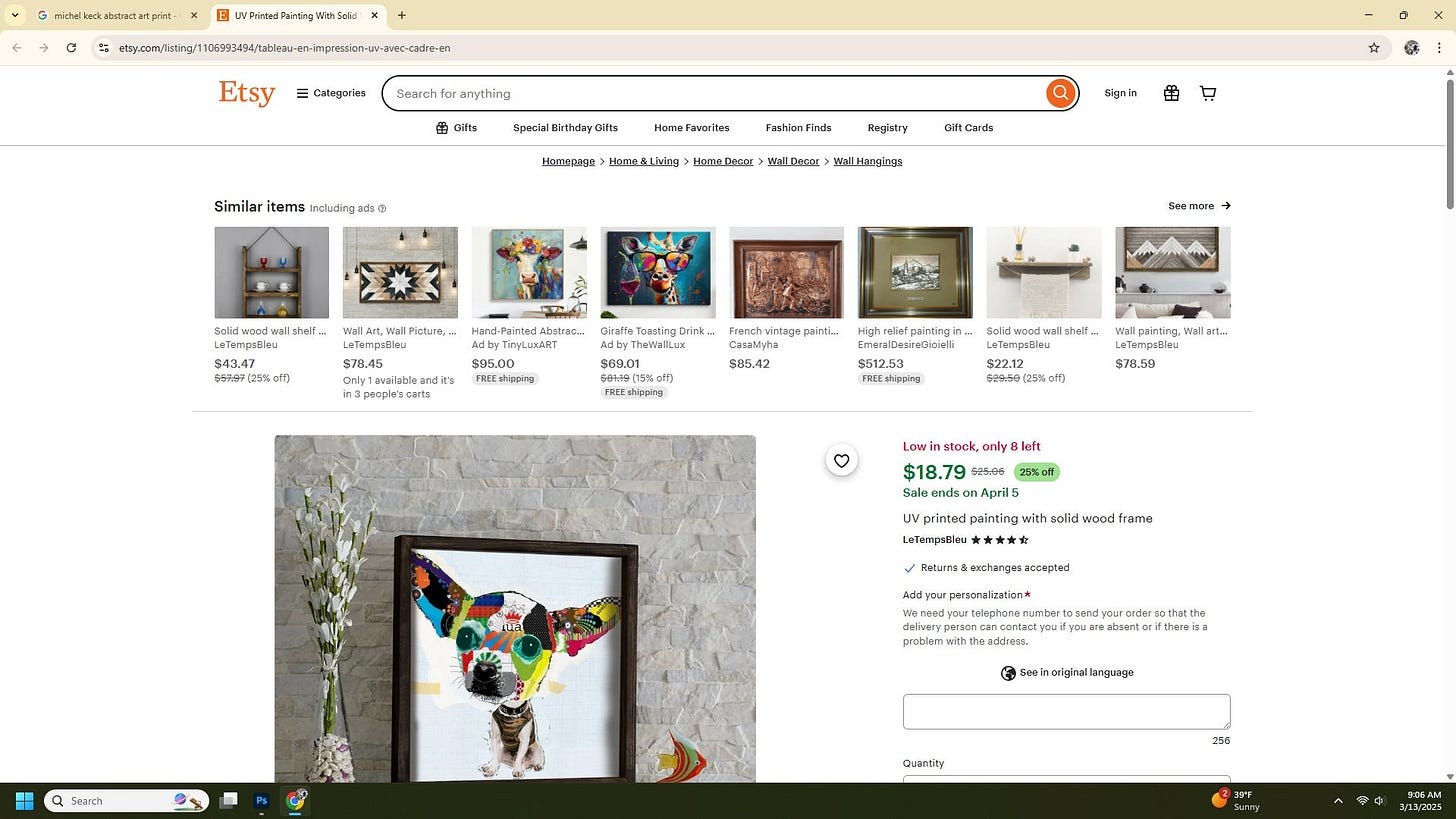 Screenshot of an online listing showing a colorful dog artwork with patchwork patterns in a dark wood frame against a light stone wall, displayed next to a tall vase with white flowers, attributed to Michel Keck.