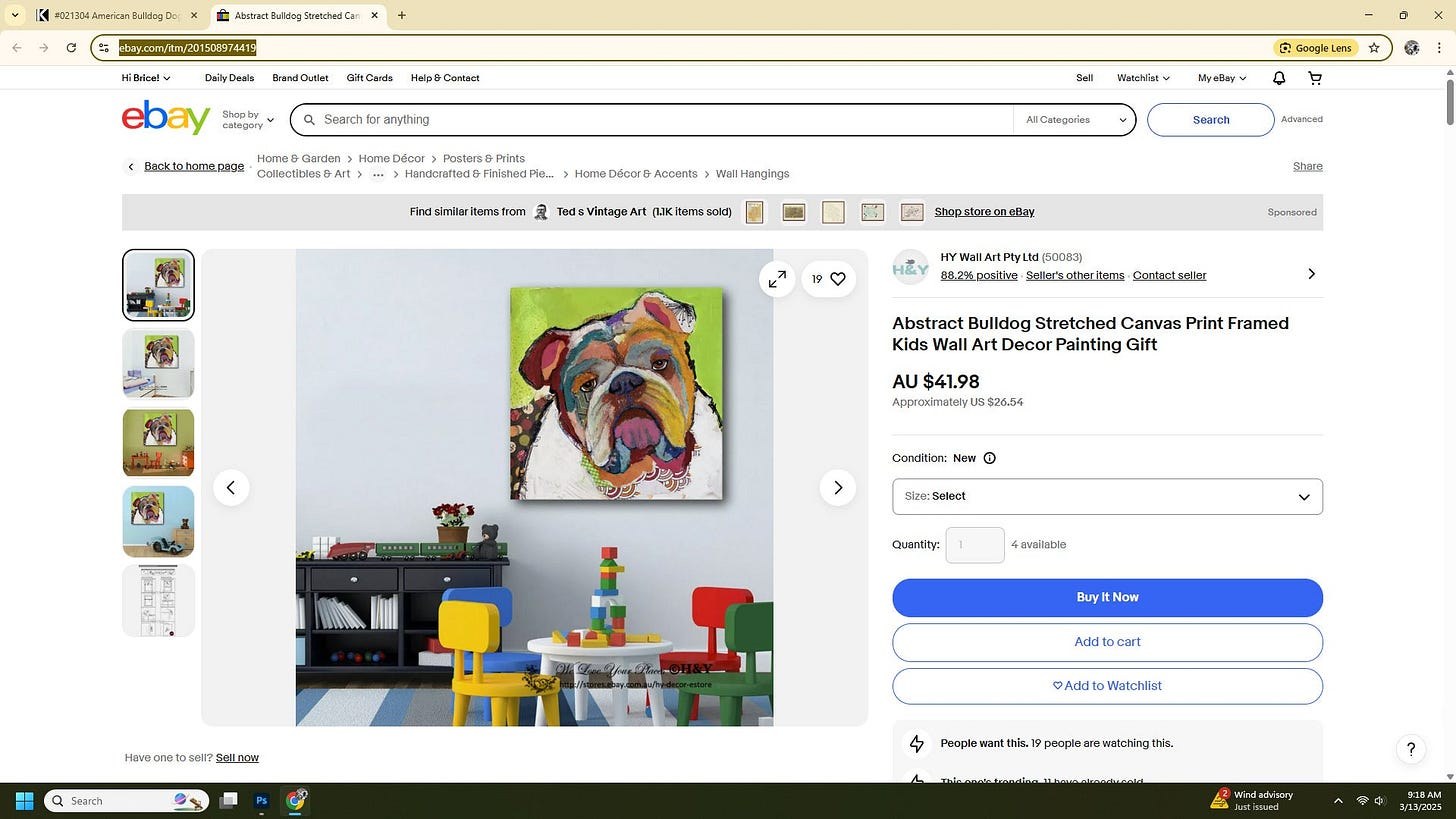 Screenshot of an online listing showing a colorful abstract bulldog canvas artwork by Michel Keck hanging on a light gray wall above a black shelf and a small round table with four colorful chairs in a children's playroom.