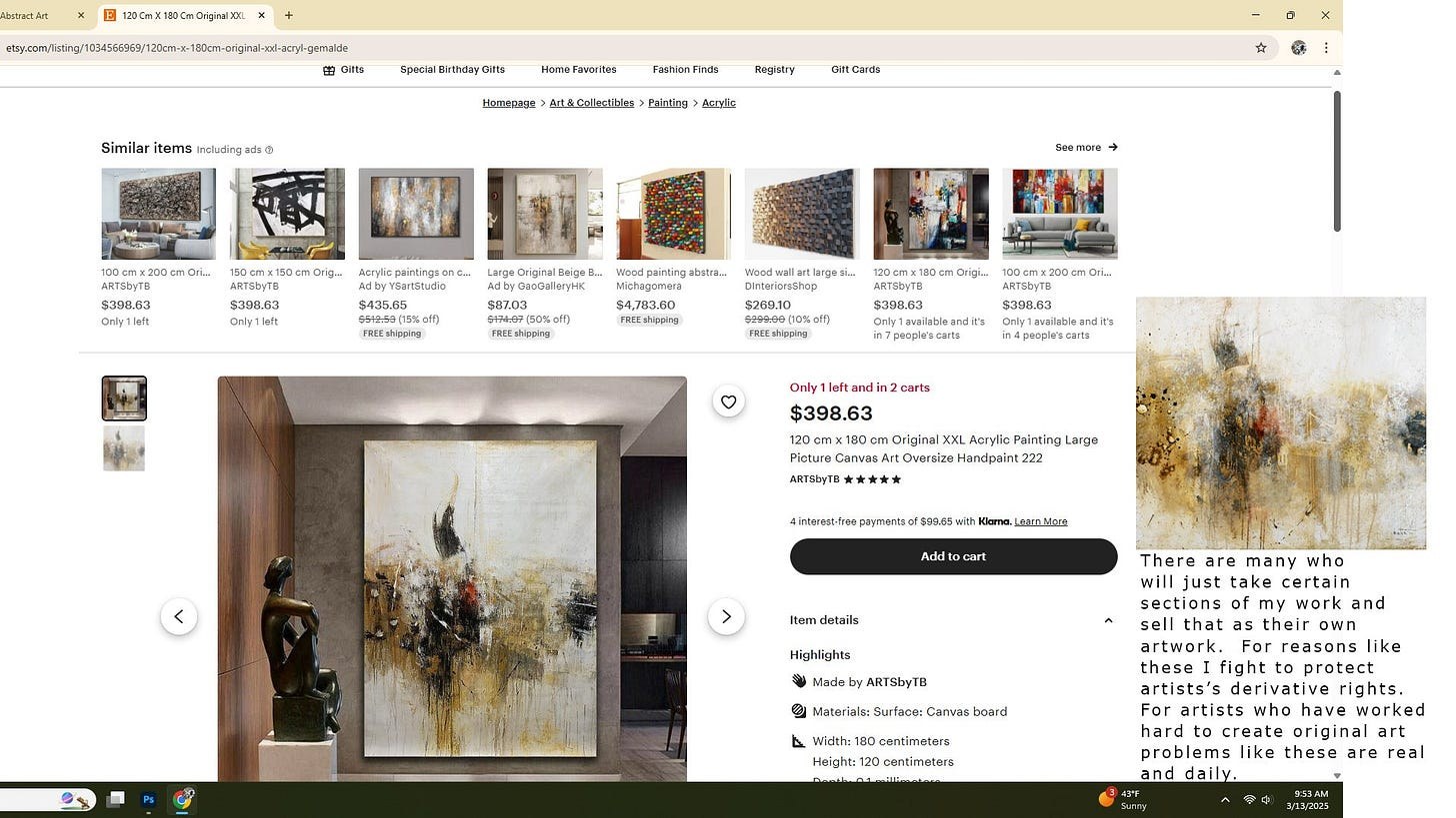 Screenshot of an online listing showing a large abstract acrylic painting with textured layers in beige, white, black, and rust tones, displayed in a modern interior with a bronze sculpture nearby, attributed to Michel Keck.