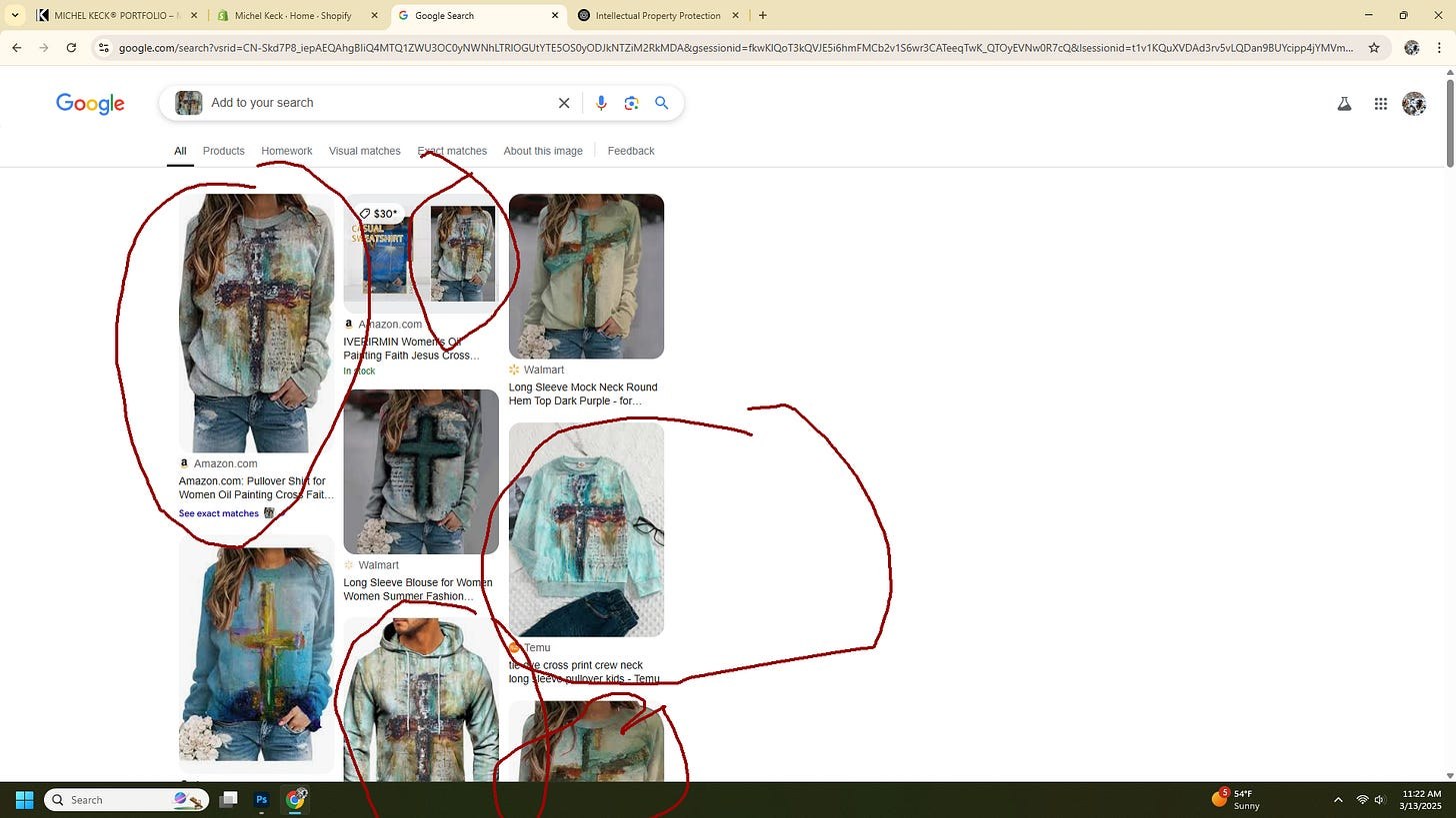 Screenshot of a Google image search showing various women's and men's sweatshirts and hoodies featuring abstract cross designs with textured, painterly effects in muted green, blue, and brown tones, circled in red, on a white background.