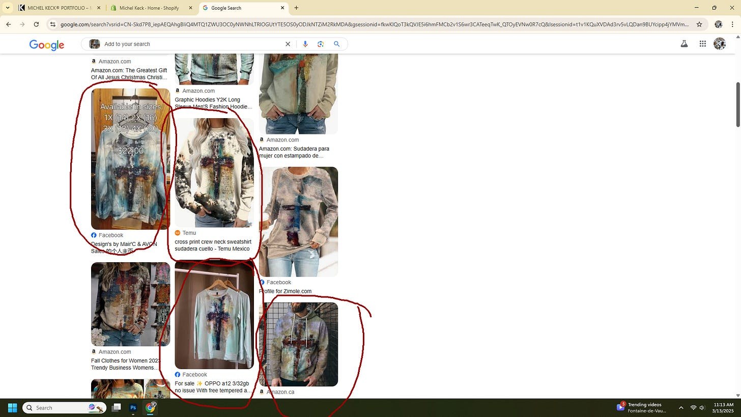 Screenshot of an online listing showing various sweatshirts and hoodies featuring abstract cross designs in muted colors like blue, brown, and beige, displayed on models and hangers, with some circled in red, on a Google search page.