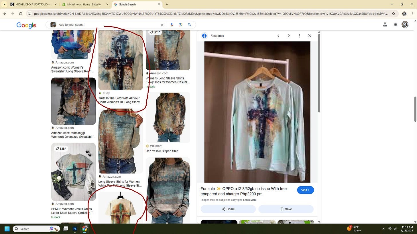 Screenshot of an online search results page showing various clothing items with abstract cross designs in muted colors, including long sleeve shirts and a t-shirt, displayed on models and hangers.