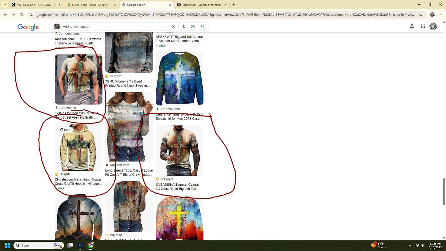 Screenshot of an online listing showing various casual clothing items including t-shirts and hoodies featuring abstract cross designs in earthy and vibrant colors, displayed on models against a white background, with some items circled in red ink. The webpage is viewed in a browser with multiple tabs open and a Windows taskbar visible at the bottom.