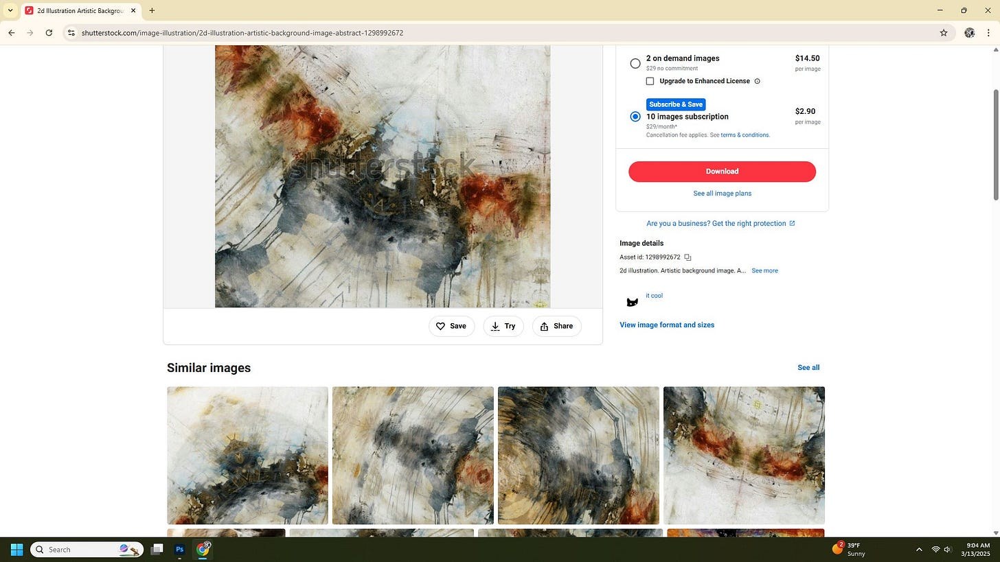 Screenshot of an online listing showing an abstract artwork by Michel Keck featuring muted tones of gray, beige, and brown with hints of rust red, textured brushstrokes, and linear marks creating a dynamic composition.