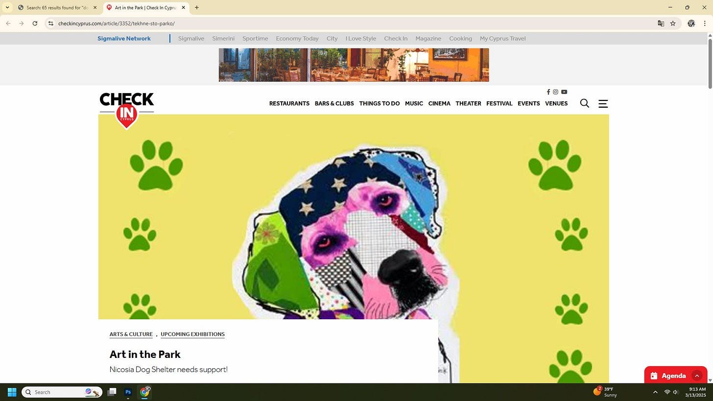 Screenshot of an online article featuring a colorful mixed-media dog portrait by Michel Keck with patchwork patterns and bright colors on a yellow background decorated with green paw prints.