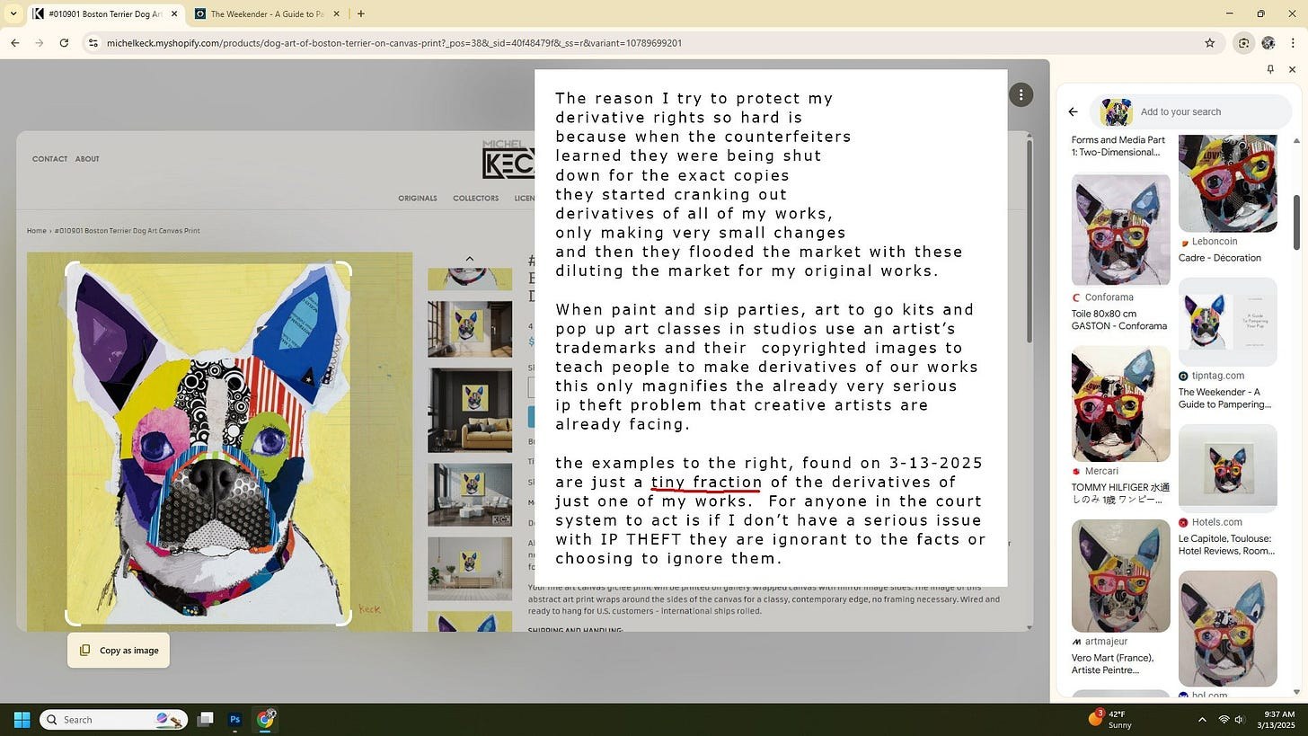 Screenshot of an online listing showing a colorful mixed-media collage of a Boston Terrier dog with abstract patterns and bright colors on a yellow background, alongside a text block discussing intellectual property rights by Michel Keck.