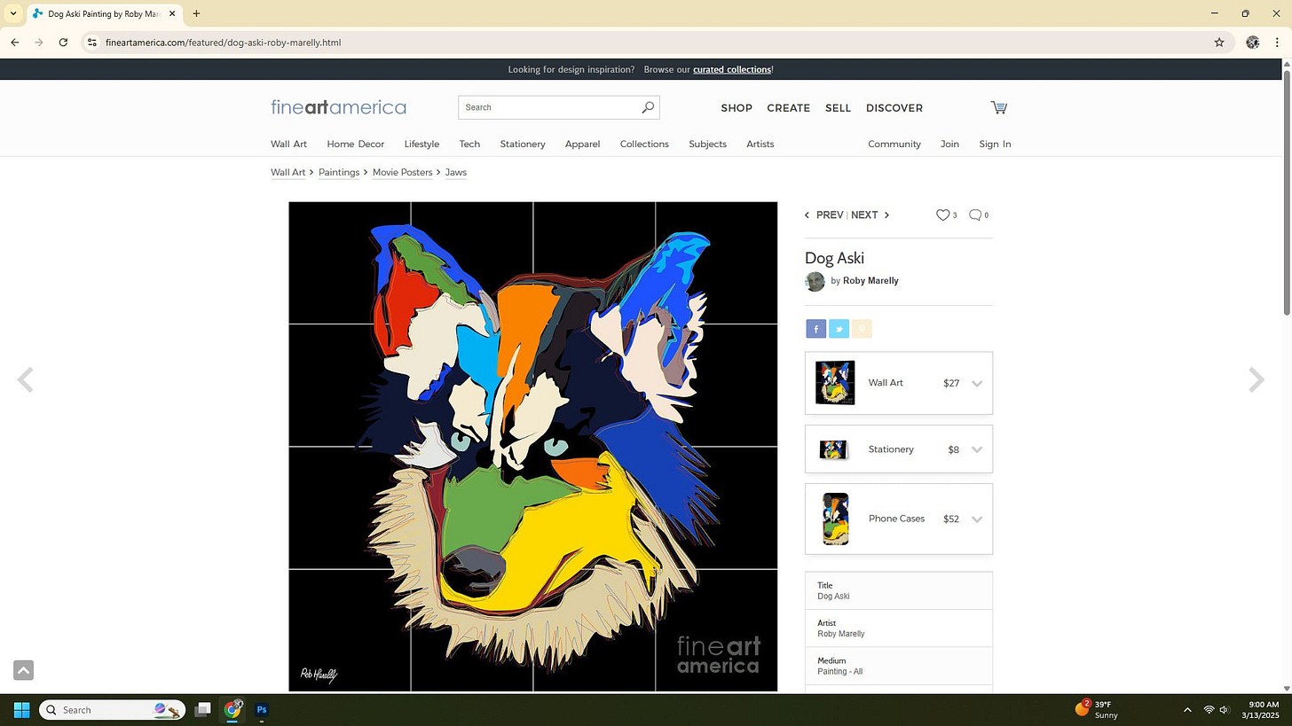 Screenshot of an online listing showing a colorful digital artwork of a dog's face composed of bold, irregular patches of blue, orange, green, yellow, red, and beige on a black background, displayed on fineartamerica.com with product options and pricing visible, attributed to Roby Marelly, on Michel Keck's art website.