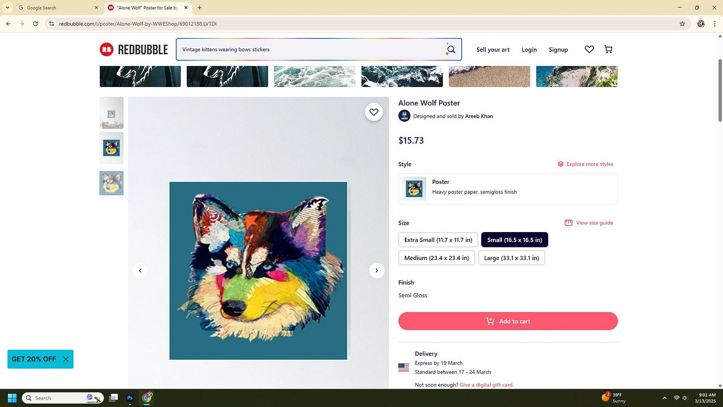 Screenshot of an online listing showing a colorful wolf head artwork composed of various textured and patterned patches on a teal background, displayed on a white wall, with product details and purchase options on the right, attributed to Michel Keck.